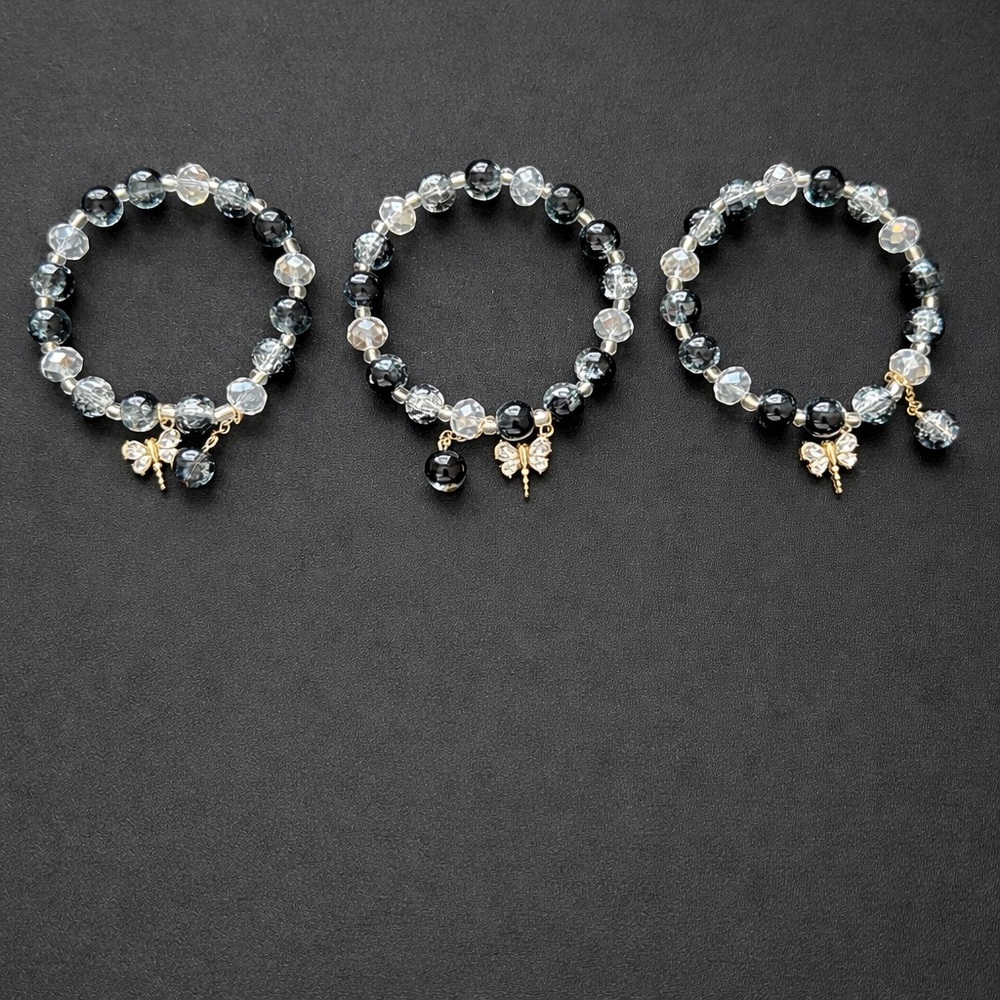 Set of 3 Glass Bead Stretch Bracelets Black Clear Crystal Butterfly